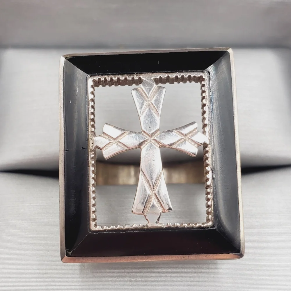 Genuine Black Onyx 925 Sterling Silver Vintage Statement Cross Ring